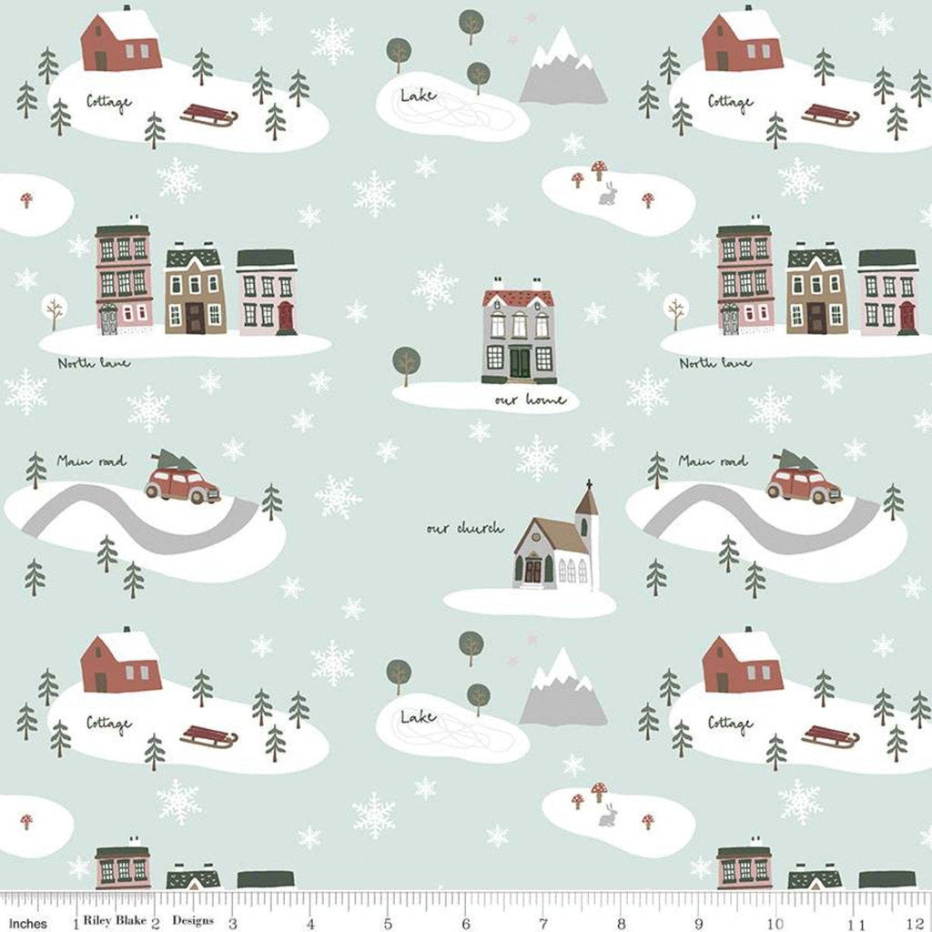 SALE Warm Wishes Main C10780 Sky - Riley Blake Designs - Christmas Winter Village Snowflakes Buildings Blue - Quilting Cotton Fabric