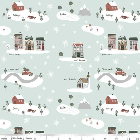 CLEARANCE Warm Wishes Main C10780 Sky - Riley Blake Designs - Christmas Winter Village Snowflakes Buildings Blue - Quilting Cotton Fabric