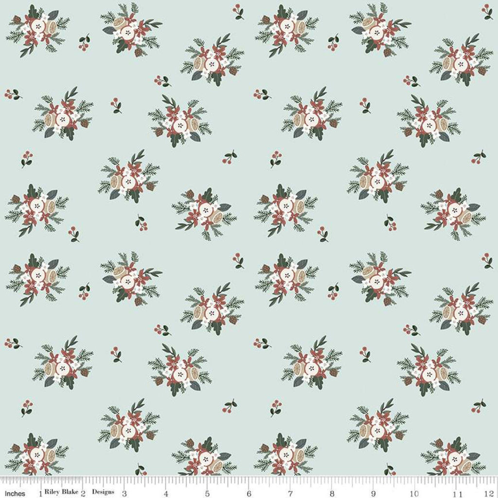CLEARANCE Warm Wishes Bouquet C10783 Sky - Riley Blake Designs - Christmas Floral Flowers Blue - Quilting Cotton Fabric