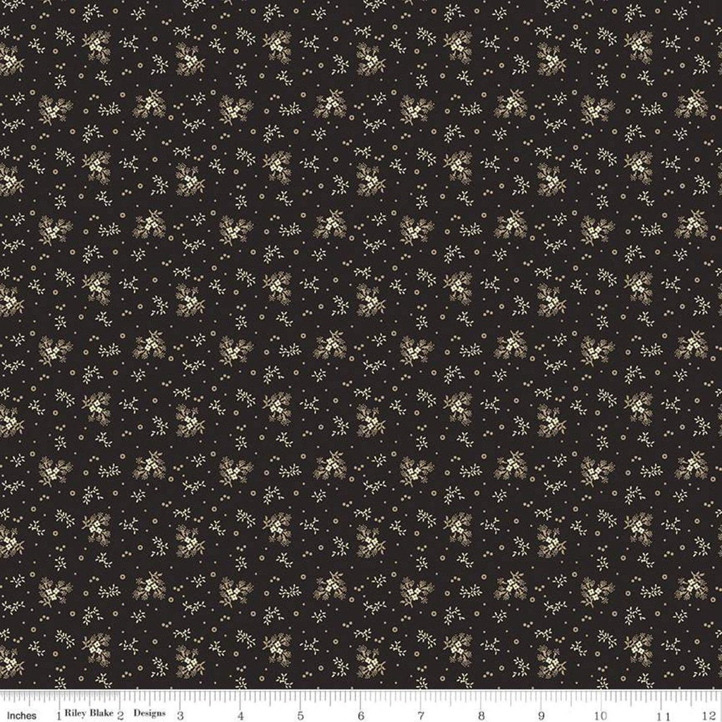 Bountiful Autumn Ditsy C10853 Black - Riley Blake Designs - Reproduction Print Cream Flowers Floral Leaves Dots - Quilting Cotton