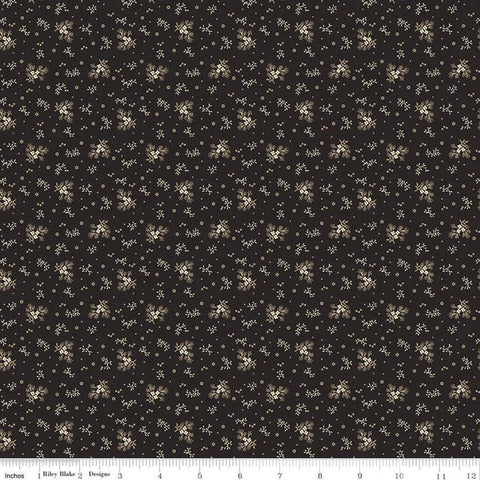 Bountiful Autumn Ditsy C10853 Black - Riley Blake Designs - Reproduction Print Cream Flowers Floral Leaves Dots - Quilting Cotton