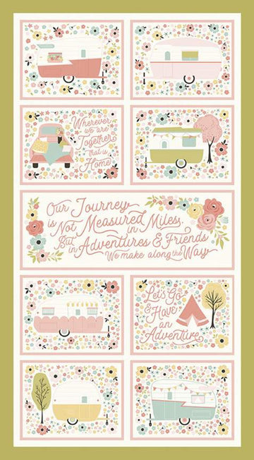 SALE Joy in the Journey Panel P10686 Olive - Riley Blake Designs - Camping Camp Trailers Sayings Green - Quilting Cotton Fabric