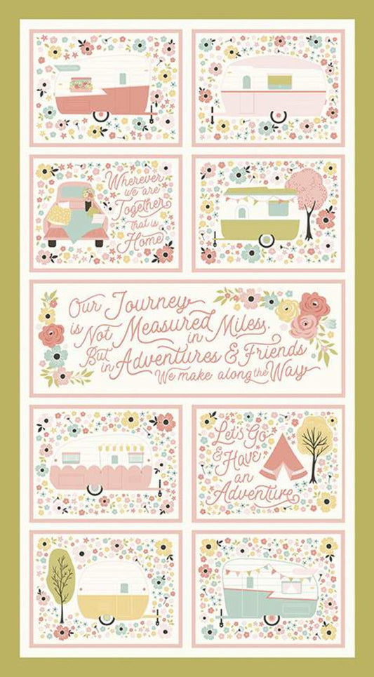 DEAL Joy in the Journey Panel P10686 Olive - Riley Blake Designs - Camping Camp Trailers Sayings Green - Quilting Cotton Fabric