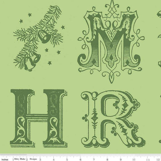 CLEARANCE All About Christmas Typography C10792 Green - Riley Blake - Block Letters Merry Christmas - Quilting Cotton