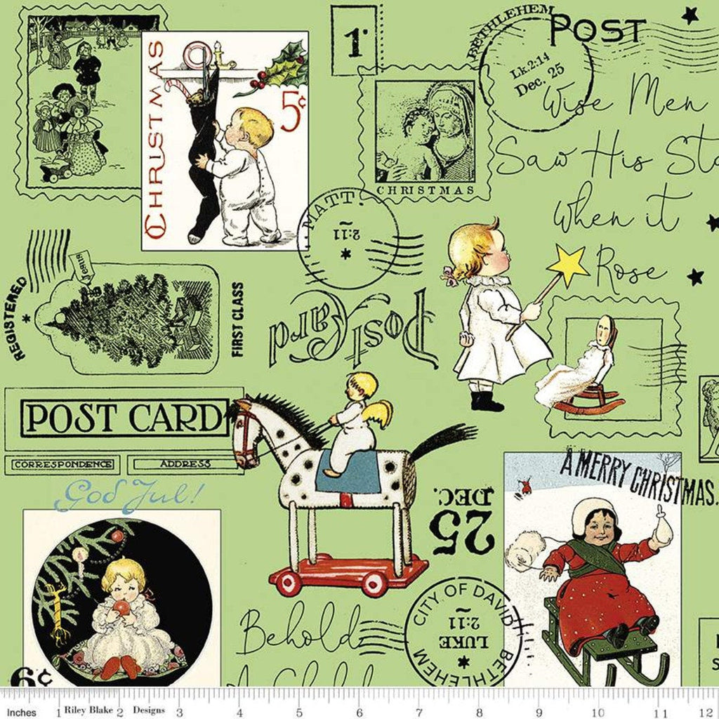 SALE All About Christmas Post C10793 Green - Riley Blake Designs - Stamps Postmarks Phrases DIGITALLY PRINTED - Quilting Cotton Fabric