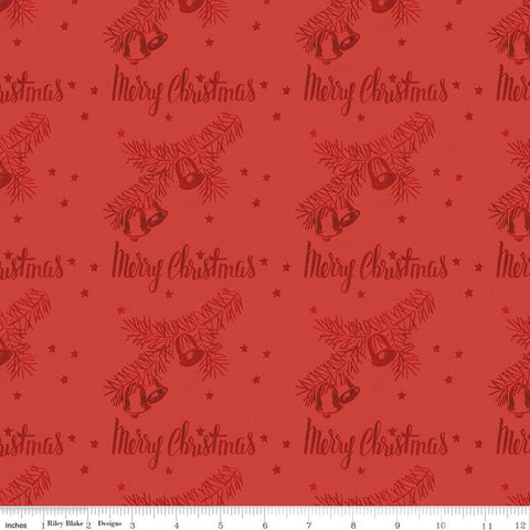 CLEARANCE All About Christmas Stamps C10797 Red - Riley Blake Designs - Pine Boughs Bells Stars - Quilting Cotton Fabric