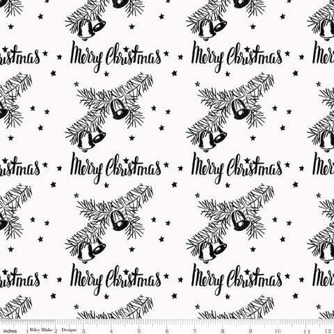 CLEARANCE All About Christmas Stamps C10797 White - Riley Blake Designs - Pine Boughs Bells Stars - Quilting Cotton Fabric