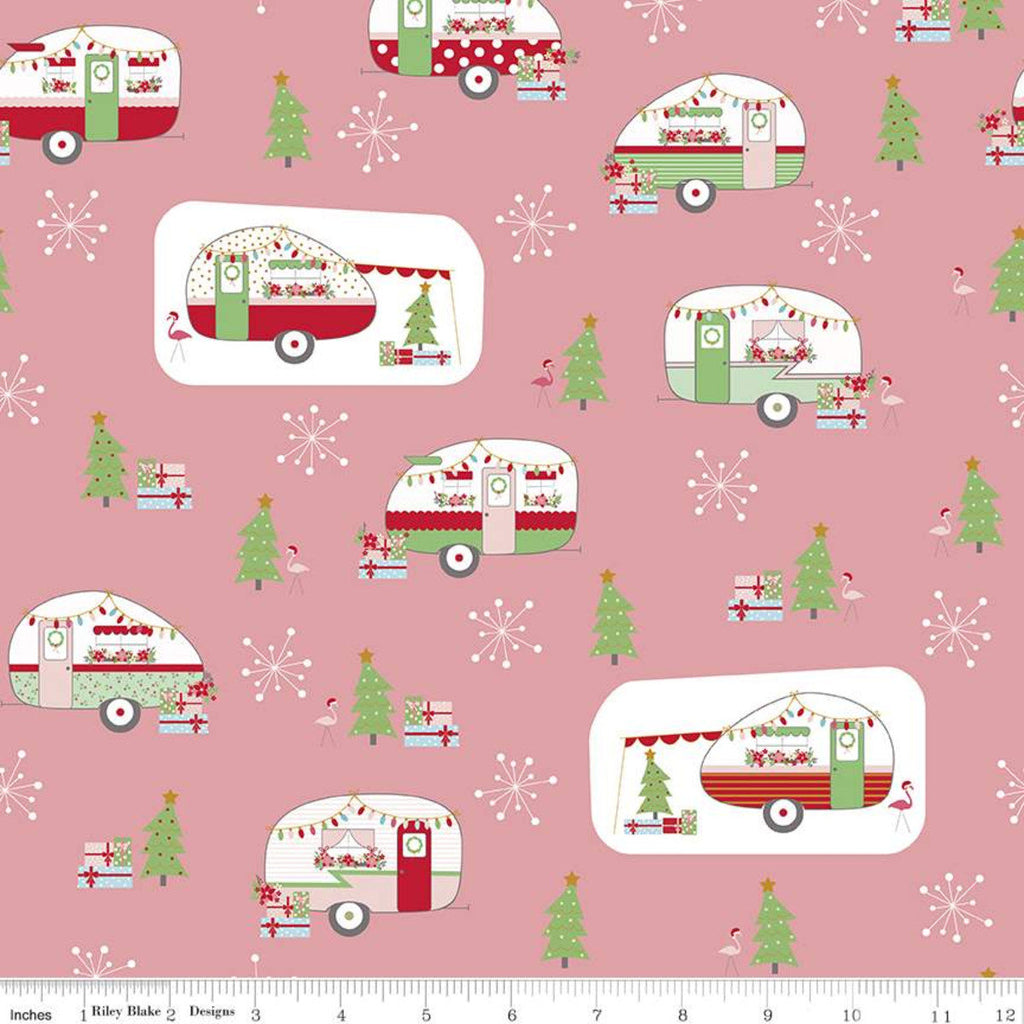 SALE Christmas Adventure Main SC10730 Peony SPARKLE - Riley Blake - Camping Trailers Flamingoes Presents Gold SPARKLE Pink - Quilting Cotton