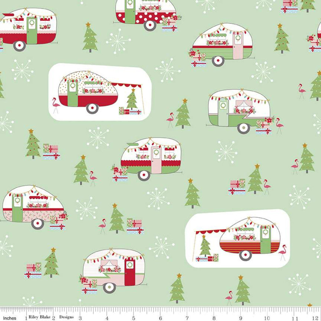 SALE Christmas Adventure Main SC10730 Sweet Mint SPARKLE - Riley Blake - Camping Trailers Flamingoes Gold SPARKLE Green - Quilting Cotton