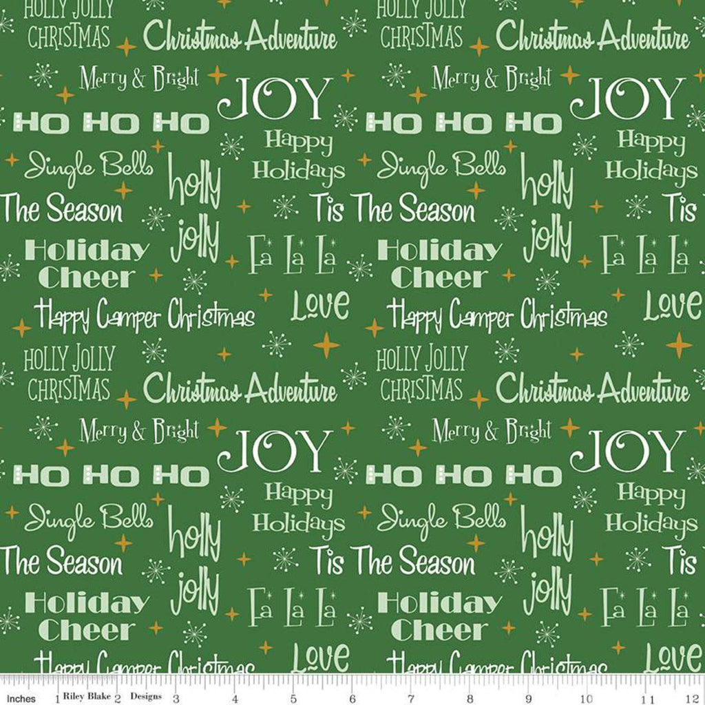 Christmas Adventure Phrases SC10731 Green SPARKLE - Riley Blake Designs - Camping Text Snowflakes Gold SPARKLE Stars - Quilting Cotton