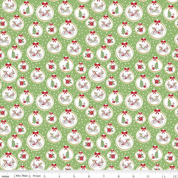 SALE Christmas Adventure Ornaments SC10732 Green Smoothie SPARKLE - Riley Blake Designs - Trees Bicycles Gold SPARKLE - Quilting Cotton