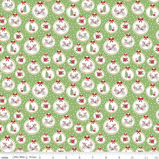 SALE Christmas Adventure Ornaments SC10732 Green Smoothie SPARKLE - Riley Blake Designs - Trees Bicycles Gold SPARKLE - Quilting Cotton
