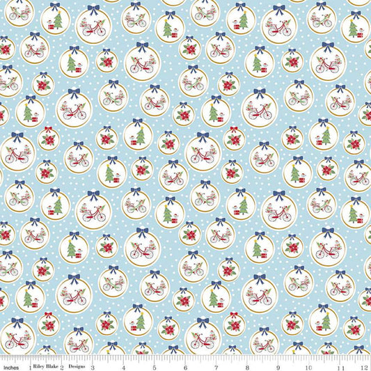 SALE Christmas Adventure Ornaments SC10732 Waterfall SPARKLE - Riley Blake - Trees Bicycles Flowers Gold SPARKLE Blue - Quilting Cotton