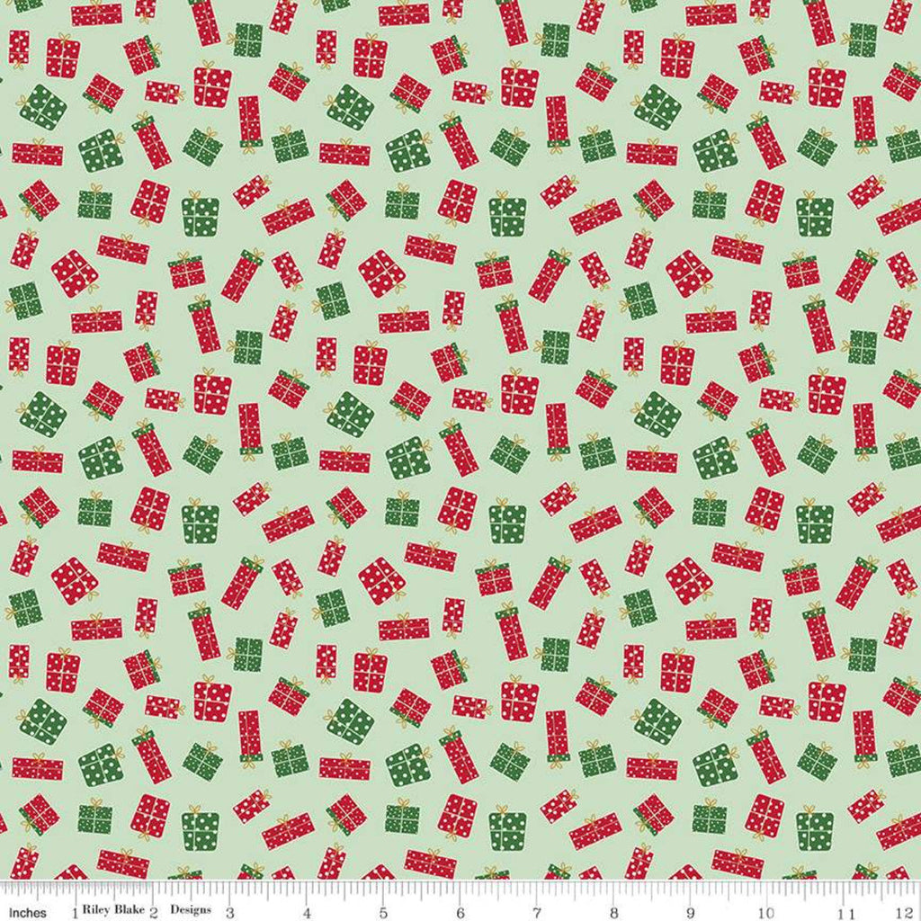 SALE Christmas Adventure Gifts SC10734 Sweet Mint SPARKLE - Riley Blake Designs - Presents Gold SPARKLE Green - Quilting Cotton