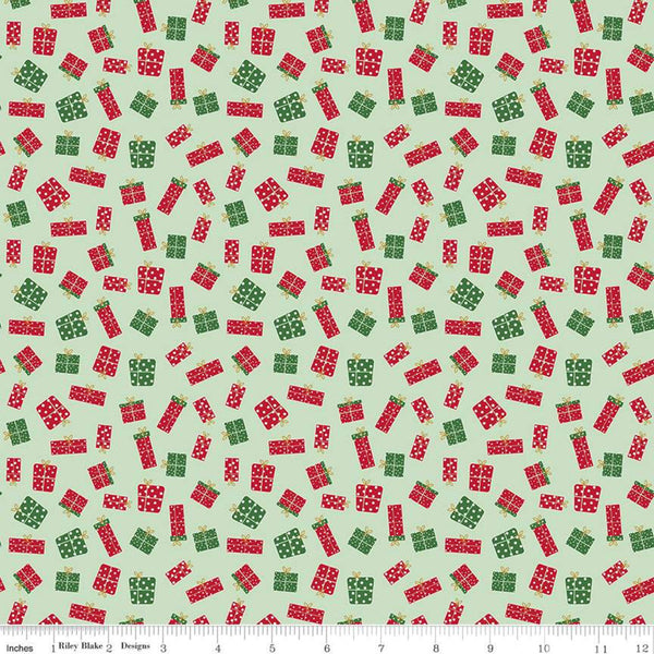 SALE Christmas Adventure Gifts SC10734 Sweet Mint SPARKLE - Riley Blake Designs - Presents Gold SPARKLE Green - Quilting Cotton