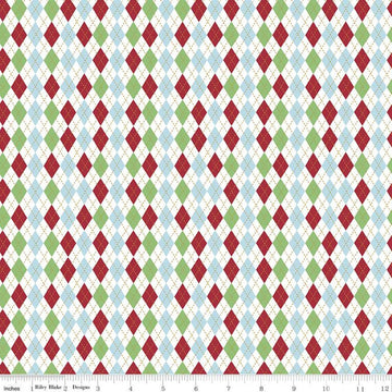 DEAL Christmas Adventure Argyle SC10736 White SPARKLE - Riley Blake Designs - Gold SPARKLE Diamonds Blue Red White Green  - Quilting Cotton