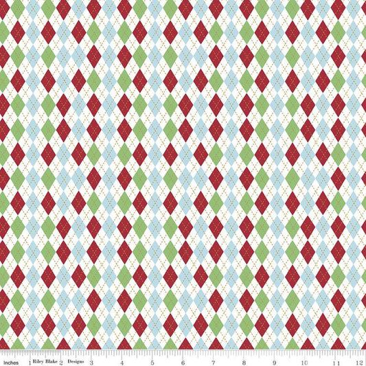 DEAL Christmas Adventure Argyle SC10736 White SPARKLE - Riley Blake Designs - Gold SPARKLE Diamonds Blue Red White Green  - Quilting Cotton