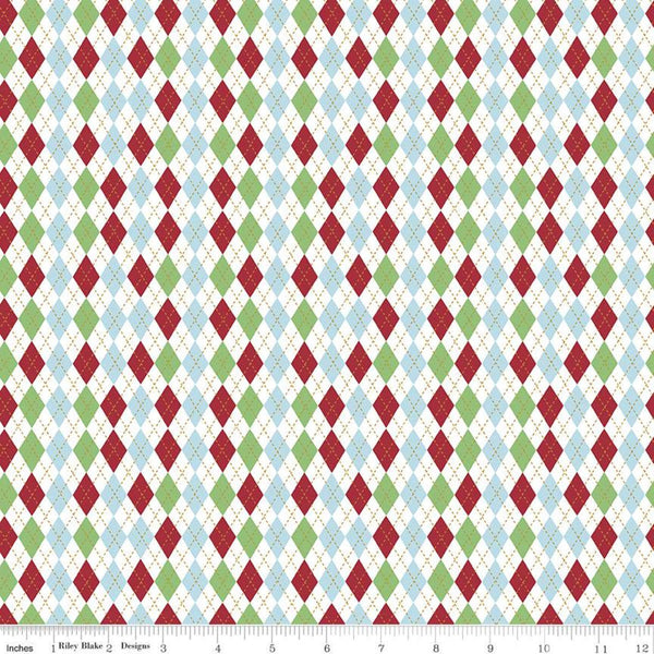 SALE Christmas Adventure Argyle SC10736 White SPARKLE - Riley Blake Designs - Gold SPARKLE Diamonds Blue Red White Green  - Quilting Cotton