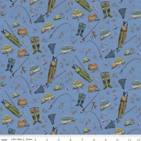 Fat Quarter End of Bolt - SALE At the Lake Gear C10551 Blue - Riley Blake - Fishing Poles Waders Reels Hooks Lures Tackle - Quilting Cotton
