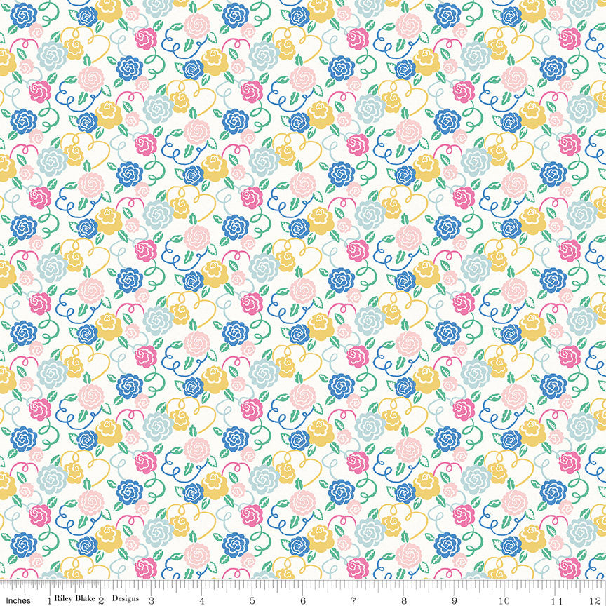 SALE The Deco Dance Collection Ribbon Bloom A - 04775926A - Riley Blake - Flowers Blue Pink White Liberty Fabrics - Quilting Cotton Fabric