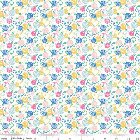 SALE The Deco Dance Collection Ribbon Bloom A - 04775926A - Riley Blake - Flowers Blue Pink White Liberty Fabrics - Quilting Cotton Fabric