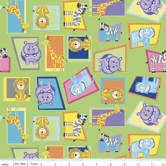 SALE Colorful Friends Animals C11011 Key Lime - Riley Blake - Crayola Crayons Elephants Lions  - Quilting Cotton Fabric - Licensed Product