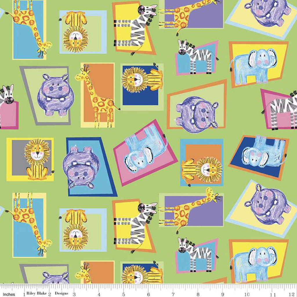 Colorful Friends Animals C11011 Key Lime - Riley Blake - Crayola Crayons Elephants Lions Giraffes Green  - Quilting Cotton Fabric