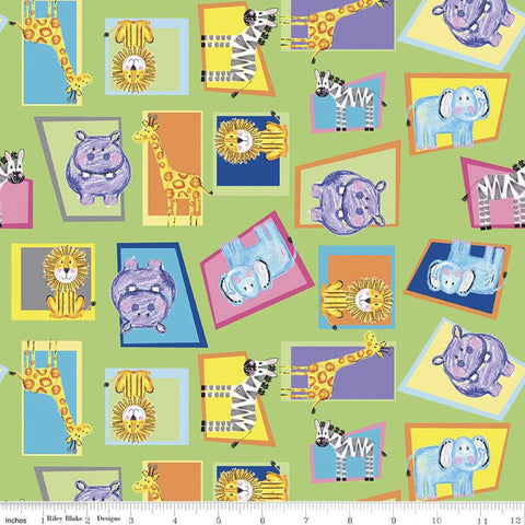 SALE Colorful Friends Animals C11011 Key Lime - Riley Blake - Crayola Crayons Elephants Lions Giraffes Green  - Quilting Cotton Fabric