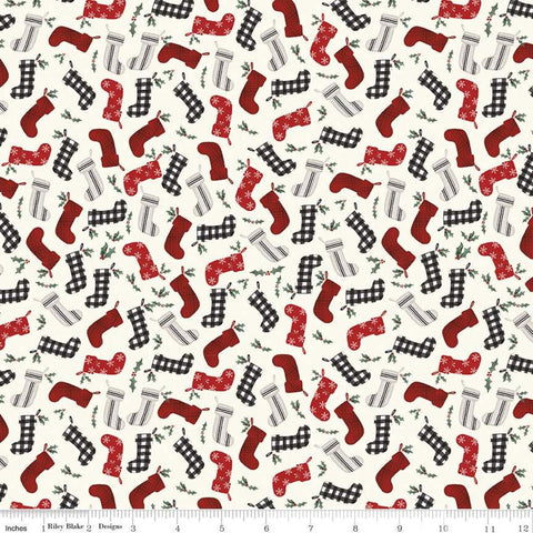 Fat Quarter End of Bolt - SALE Farmhouse Christmas Stockings C10952 Cream - Riley Blake - Stocking Holly Berries  - Quilting Cotton Fabric