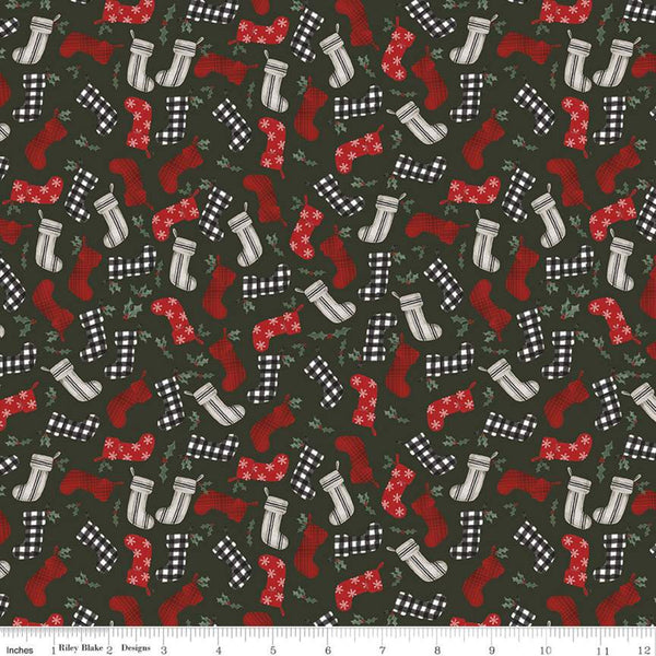 SALE Farmhouse Christmas Stockings C10952 Forest - Riley Blake Designs - Stockings Stocking Holly Berries Green - Quilting Cotton Fabric