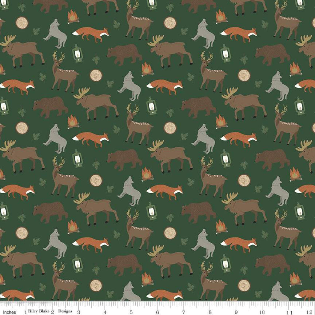 SALE Adventure is Calling Wildlife C10721 Green - Riley Blake Designs - Outdoors Moose Wolves Bears Foxes Deer - Quilting Cotton Fabric