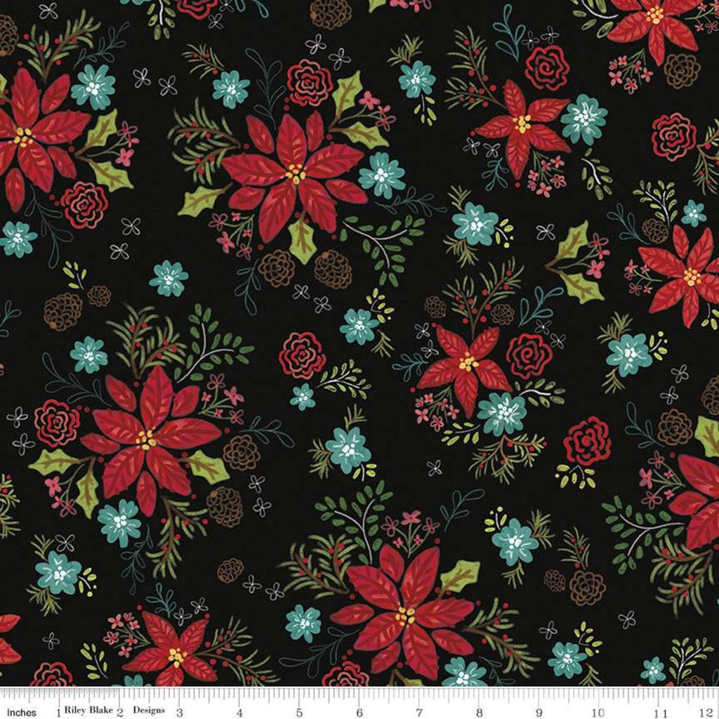 Snowed In Floral C10811 Black - Riley Blake Designs - Christmas Flower Flowers Poinsettias - Quilting Cotton Fabric