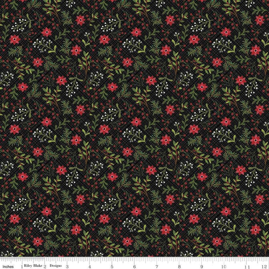 28" End of Bolt - Snowed In Berries C10812 Black - Riley Blake - Christmas Berry Clusters Floral Leaves Flowers - Quilting Cotton Fabric