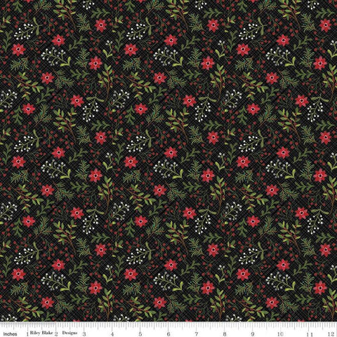 28" End of Bolt - Snowed In Berries C10812 Black - Riley Blake - Christmas Berry Clusters Floral Leaves Flowers - Quilting Cotton Fabric