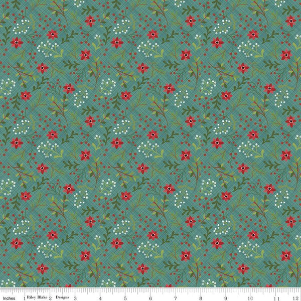 29" End of Bolt - Snowed In Berries C10812 Teal - Riley Blake - Christmas Berry Clusters Leaves Flowers Blue Green - Quilting Cotton Fabric