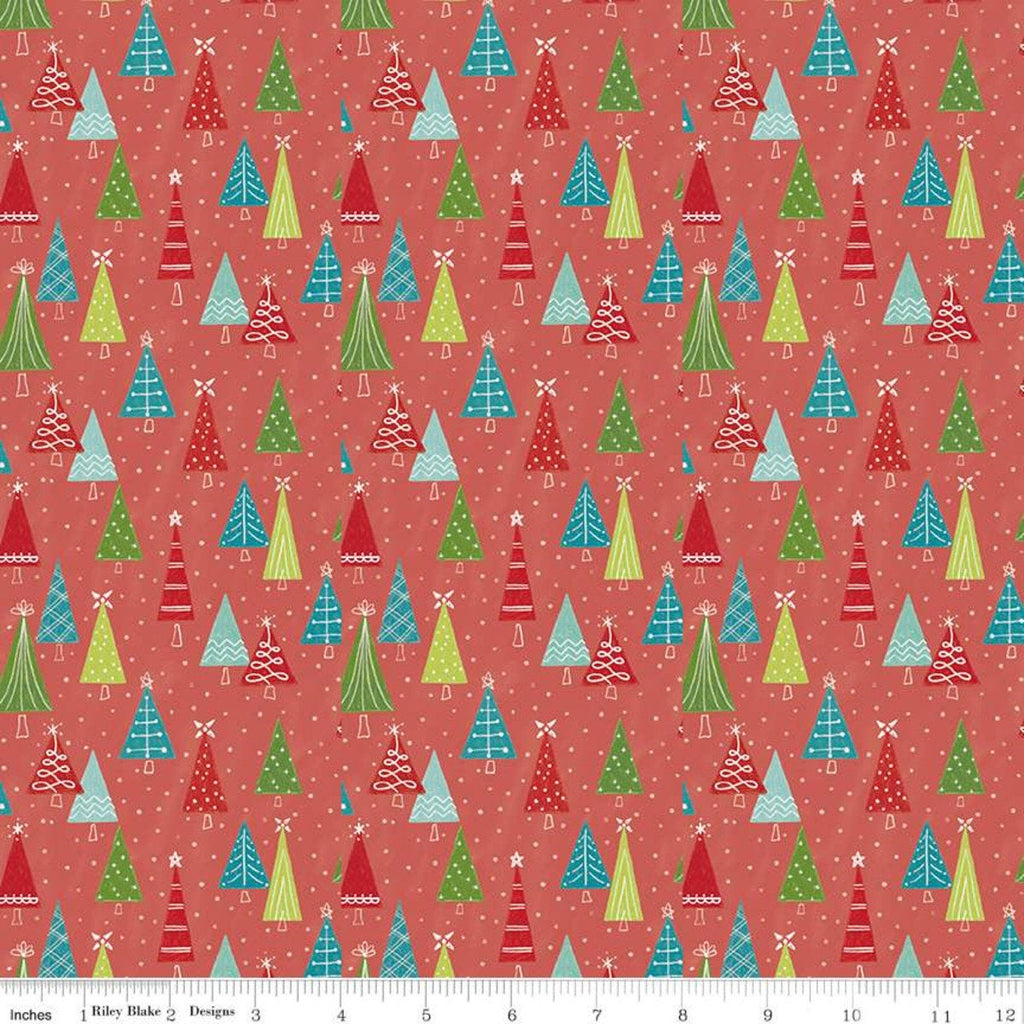 Snowed In Trees C10814 Coral - Riley Blake Designs - Christmas Pin Dot Snow Orange Pink - Quilting Cotton Fabric