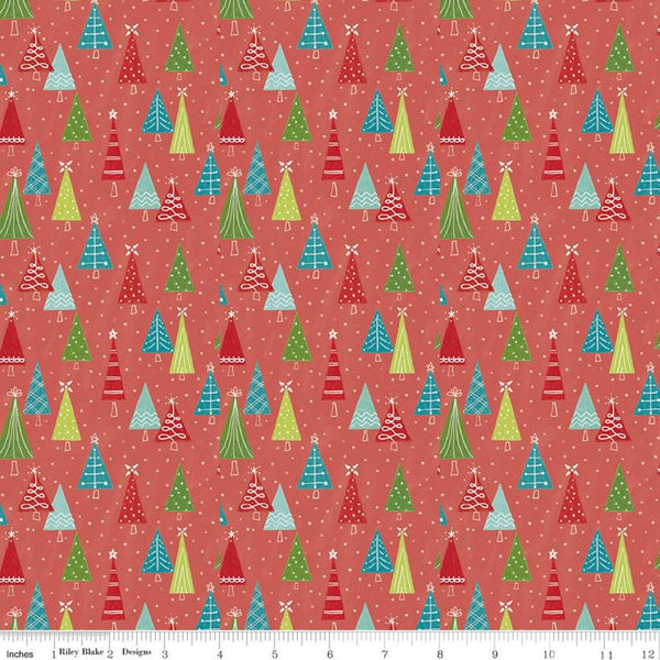 SALE Snowed In Trees C10814 Coral - Riley Blake Designs - Christmas Pin Dot Snow Orange Pink - Quilting Cotton Fabric