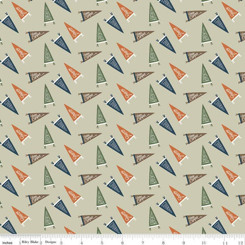 17" End of Bolt - CLEARANCE Adventure is Calling Flags C10723 Khaki - Riley Blake - Outdoors Pennants Words Beige - Quilting Cotton Fabric