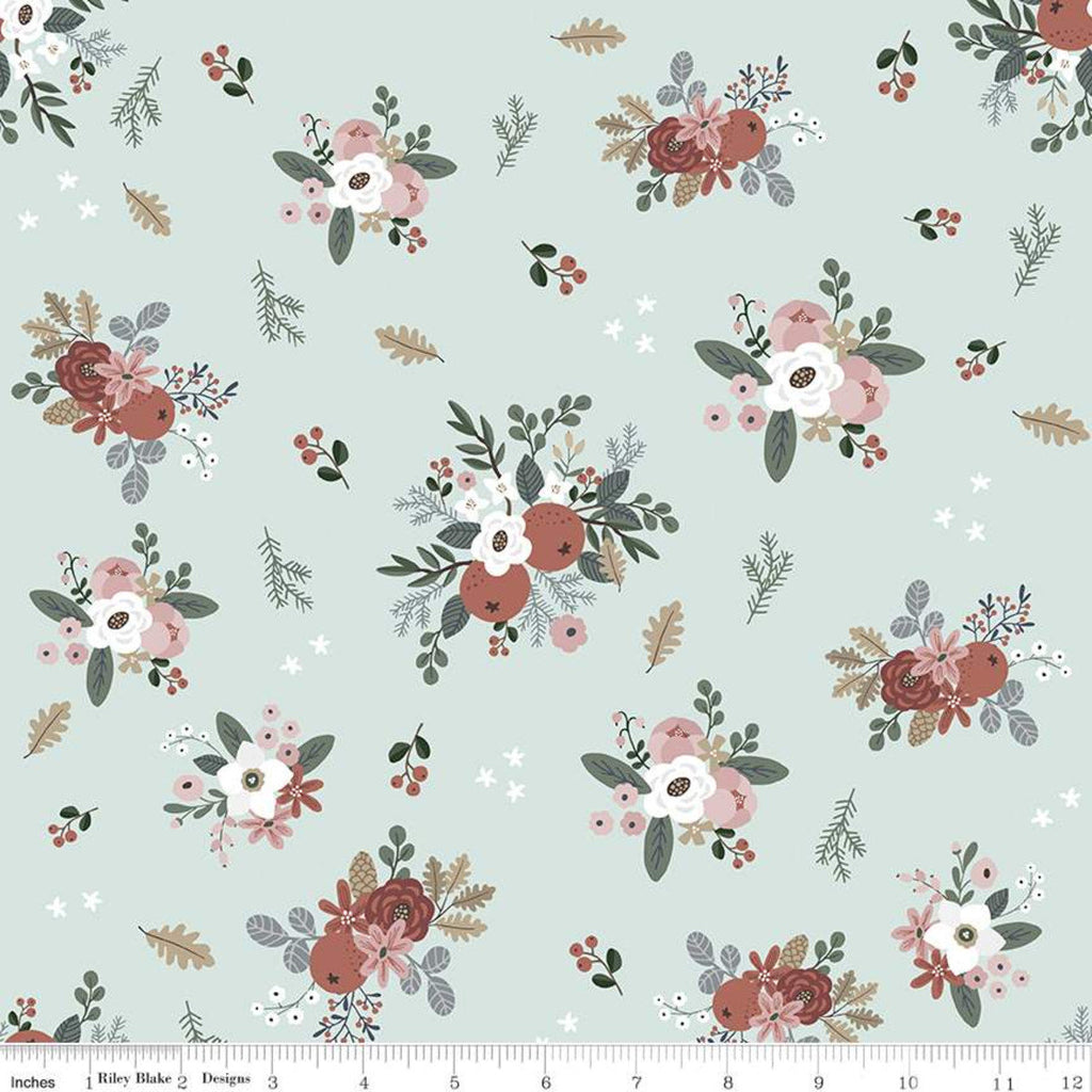 CLEARANCE Warm Wishes Floral C10781 Sky - Riley Blake Designs - Christmas Flowers Leaves Pine Sprigs Blue - Quilting Cotton Fabric