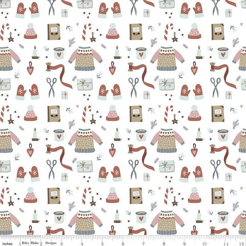 SALE Warm Wishes Winter Wear C10782 White - Riley Blake Designs - Christmas Candy Canes Sweaters Hats Mittens - Quilting Cotton Fabric