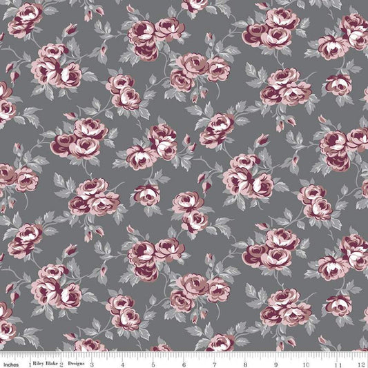SALE Exquisite Flowers C10702 Charcoal - Riley Blake Designs - Floral Roses Gray - Quilting Cotton Fabric
