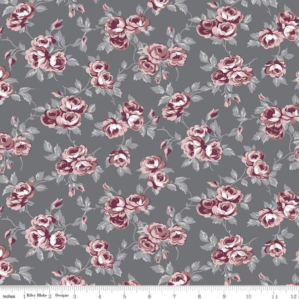 Exquisite Flowers C10702 Charcoal - Riley Blake Designs - Floral Roses Gray - Quilting Cotton Fabric