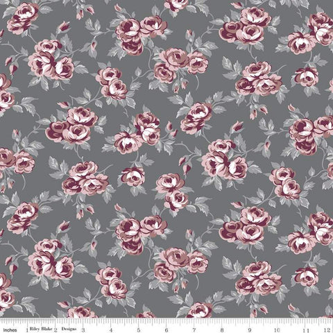 Exquisite Flowers C10702 Charcoal - Riley Blake Designs - Floral Roses Gray - Quilting Cotton Fabric
