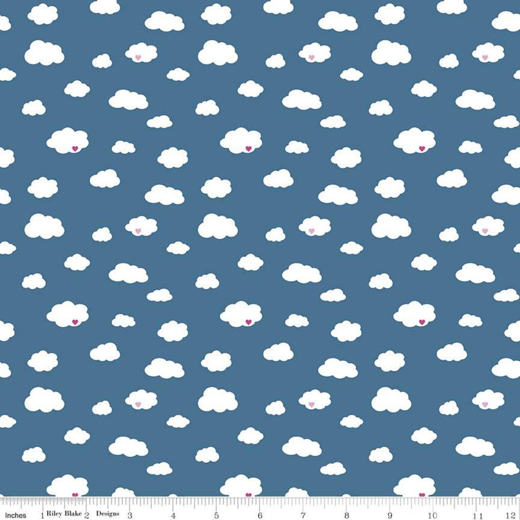 SALE Dream Drift C10771 Blue - Riley Blake Designs - White Clouds Pink Hearts - Quilting Cotton Fabric