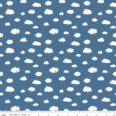 SALE Dream Drift C10771 Blue - Riley Blake Designs - White Clouds Pink Hearts - Quilting Cotton Fabric