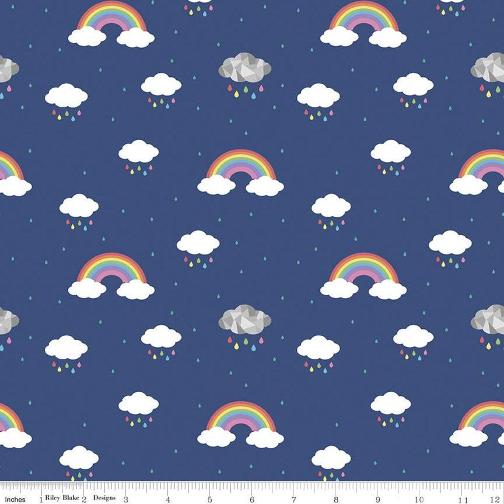 Fat Quarter End of Bolt - CLEARANCE Dream In Color C10772 Cobalt - Riley Blake - White Clouds Rainbows Raindrops Blue - Quilting Cotton