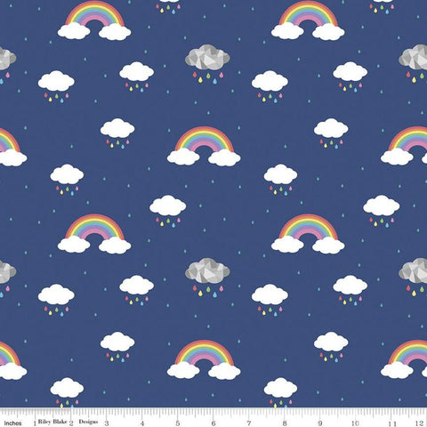 Fat Quarter End of Bolt - SALE Dream In Color C10772 Cobalt - Riley Blake - White Clouds Rainbows Raindrops Blue - Quilting Cotton Fabric