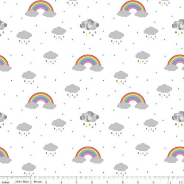CLEARANCE Dream In Color C10772 White - Riley Blake Designs - Gray Clouds Rainbows Raindrops - Quilting Cotton