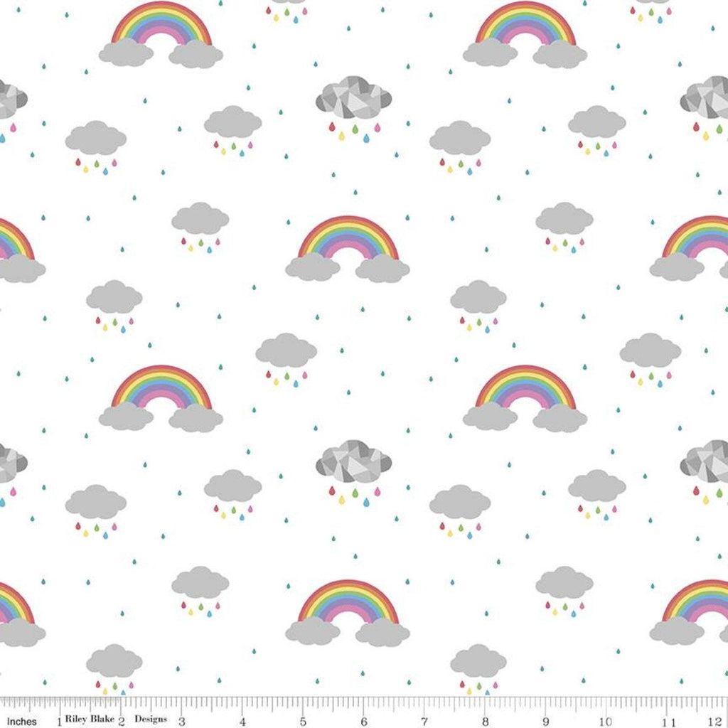 SALE Dream In Color C10772 White - Riley Blake Designs - Gray Clouds Rainbows Raindrops - Quilting Cotton
