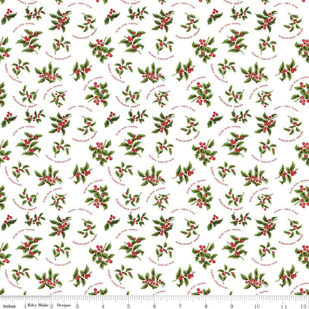 All About Christmas Holly C10800 White - Riley Blake Designs - Holly Berries Merry Christmas Happy New Year - Quilting Cotton Fabric